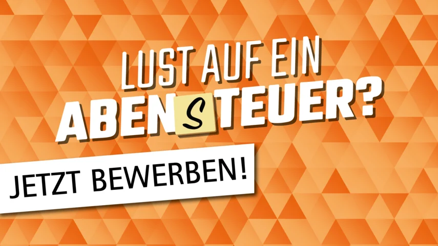 Abgebildet ist der Slogan mit welchem für eine Ausbildung bzw. ein Studium in der sächsischen Steuer- und Finanzverwaltung geworben wird. Dieser heißt "Lust auf ein Abensteuer". Der Schriftzug befindet sich auf orangenem Untergrund. Darunter steht noch de